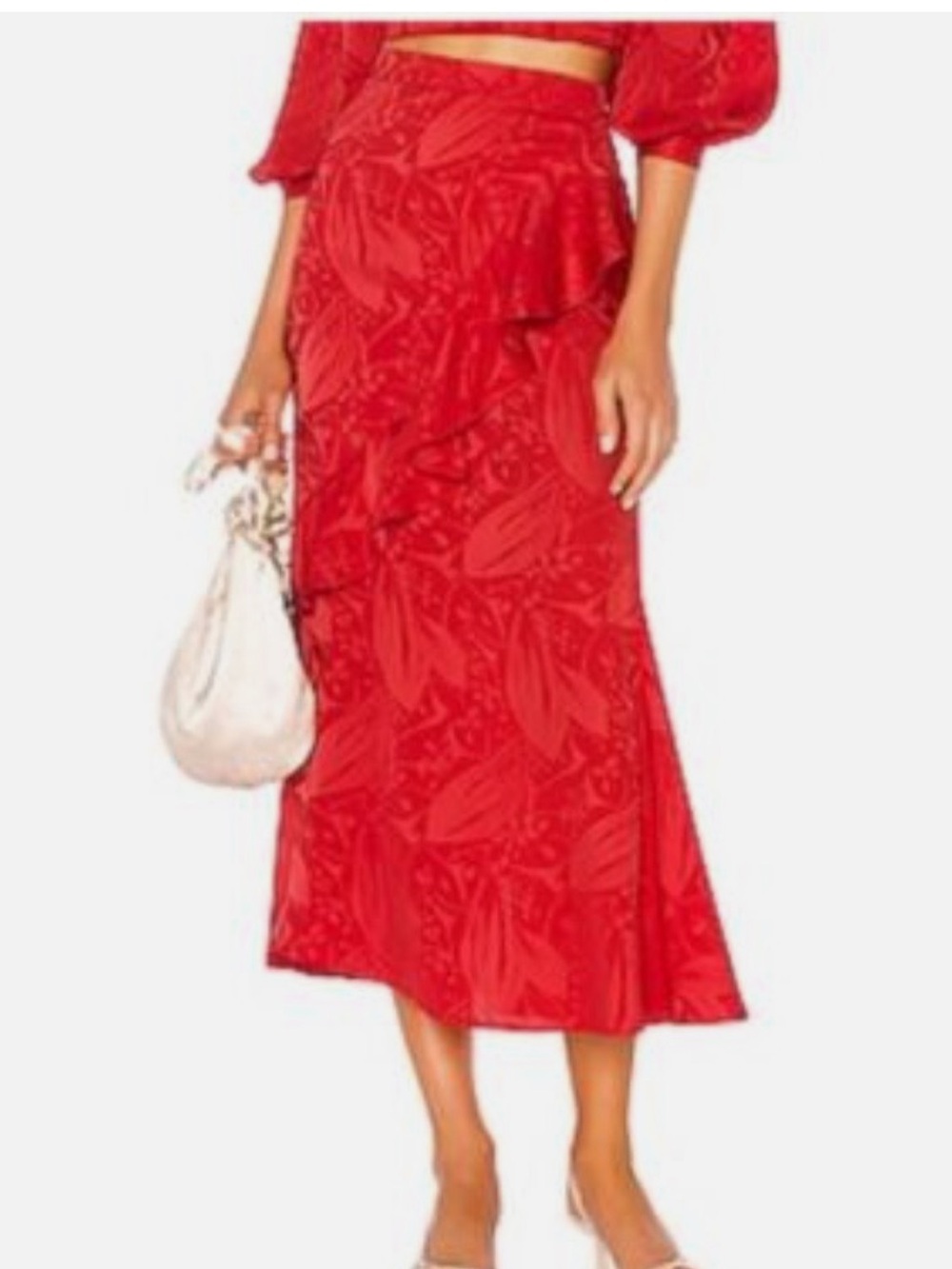 Revolve Song of Style Red Leaf-Print Midi Skirt with Ruffle Accent